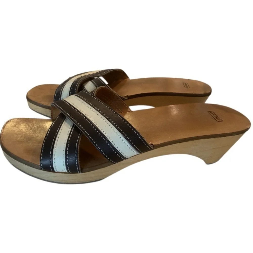 Coach Eliana Calf Womens Wedge Sandals Navy Parchment Strappy US 8